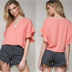 Mustard Seed Coral Ruffle Sleeve V-Neck Crop Top S Boho Festival